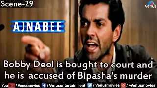 Bobby Deol is bought to court and he is  accused of Bipasha's murder (Ajnabeee)