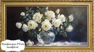 WHITE ROSES FRAME TV ART FLORAL SCREENSAVER WALLPAPER BACKGROUND VINTAGE FRAME TV ART OIL PAINITNG