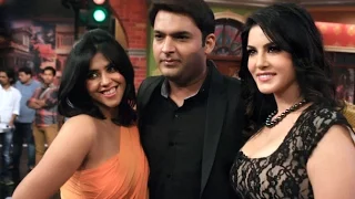 Sunny Leone and Ekta Kapoor with Kapil Sharma on the sets of Comedy Nights