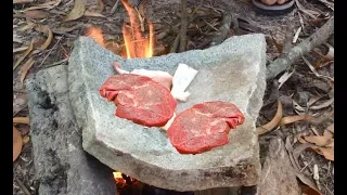 Primitive Technology:Cook Meat On The Rock