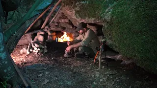 Overnight at my Excavate natural shelter. Stone fireplace with chimney. Sleeping in the wild. skills