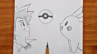 how to draw Ash and Pikachu ( Pokemon ) | Ash & Pikachu step by step | easy drawing tutorial