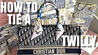 How to Tie A Dior Mitzah Scarf / Louis Vuitton Bandeau / Hermes Twilly on Dior Book Tote Bag Handle