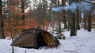 Hot Tent Winter Camping in Snow and High Winds