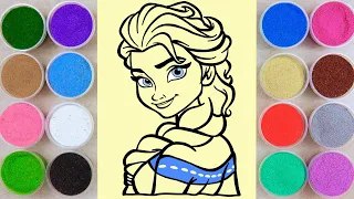 Sand painting and coloring princess Elsa Frozen with colored sand