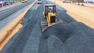 Incredible D41P KOMATSU Dozer Spreading Gravel Build New Road On Sky Bridge And Dump Truck Unloading