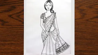 How to draw a Traditional Girl with Saree | Saree Drawing | girl drawing