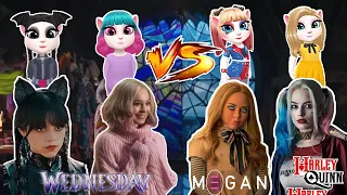 New Look 😘😍 Wednesday Addams And Enid Sinclair Vs M3gan Doll And Harley Quinn 🥰 My Talking Angela 2