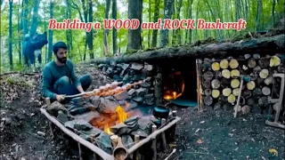Building a WOOD and ROCK Bushcraft SHELTER for SURVIVAL 3 DAYS  Fireplace, Quail Cooking