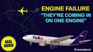 Engine failure shortly after takeoff. FedEx Airbus A306 has an emergency at Greensboro. Real ATC