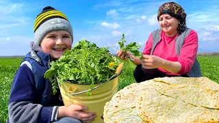 Grandma Harvesting Greens From the Field & Cooking Traditional Azerbaijani Dish Kutab