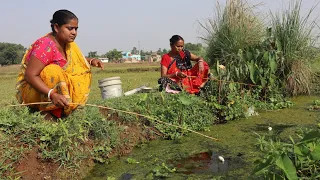 Fishing video✅|| the amazing two beautiful woman catch hook fishing🎣in village mud canal water #fish