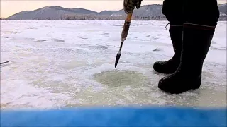 Как правильно пробить лунку пешнёй в толстом льду.