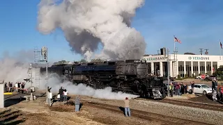 Union Pacific's #4014 the Big Boy blows the whistle as it heads out of Palestine, Texas in 2019.