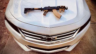 Micro Draco VS Car. Do NOT Hide Behind A Car When an AK47 Is Going Off. Educational Video!