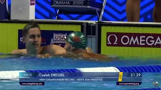 Men’s 50m freestyle prelims Caeleb Dressel 21.29 break championship record 2021 US Olympic Trials
