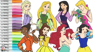 Disney Princess Coloring Book Compilation Rapunzel Tiana Belle Mulan Elsa Ariel Cinderella Snow