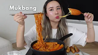 Spicy Noodles with big Rice Cakes and Cheesy Corndog MUKBANG