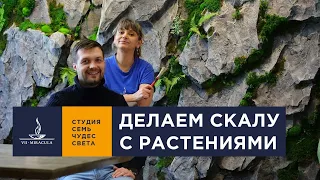 Фитостена в интерьере с декоративной скалой