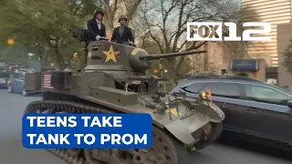 Camas teens ride tank to prom flanked by Portland’s ‘Unipiper’