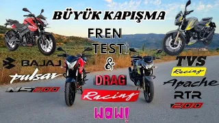 Bajaj Pulsar NS 200 vs Tvs Apache RTR 200 Karşılaştırma !!! Drag Yarış & Fren Testi