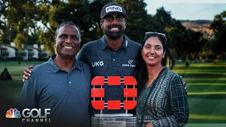 Sahith Theegala celebrates with parents after winning Fortinet Championship | Golf Channel