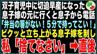 【スカッと総集編】双子育児中に切迫早産になり、安静必須の息子嫁。私が行った瞬間、息子から電話「弁当の箸がない！５分で持ってこい！」ビクッと立ち上がる息子嫁を制し、私「捨てなさい」➡️直後【感動する話】