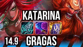 KATARINA vs GRAGAS (MID) | 70% winrate, 8 solo kills, Legendary, 19/5/7 | EUW Master | 14.9