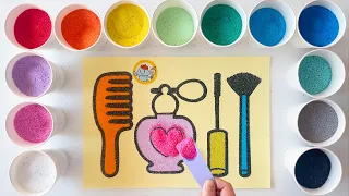 How to Draw & Sand Coloring Makeup Brush, Perfume, Mascara for Kids, Toddlers, Sand Painting art