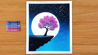 Oil Pastel Drawing - Easy Moonlight night scenery drawing with oil pastel