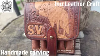 Hunting ammo pouch/5 rounds/magnum, Handmade carving, leather craft.