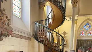 Walking through Loretto Chapel and The Miraculous Staircase of in Santa Fe, New Mexico. Walk tour.