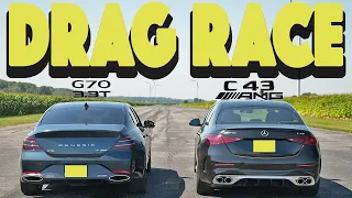 2023 Mercedes C43 AMG vs 2022 Genesis G70 3 3T, No Replacement for Displacement? Drag and Roll Race.