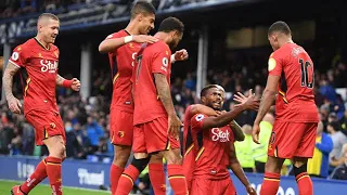 Watford fans and players celebrate Emmanuel Dennis goal in Everton 2-5 Watford