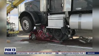 Driver miraculously gets minor injuries after semi truck crushes car | FOX 13 Seattle