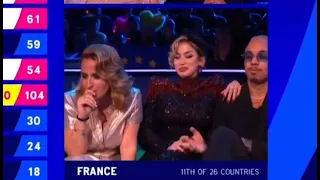 La Zarra from France reacts with a "finger" gesture after receiving low points in Eurovision 2023