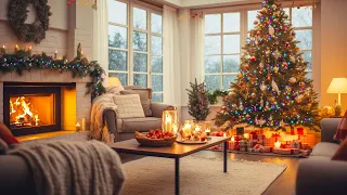 Christmas Tree Log Cabin Screensaver Scene - Fire crackling sound   Cosy living room Snow falling