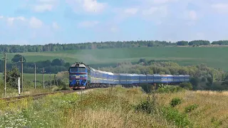 A long passenger train on a sultry August day