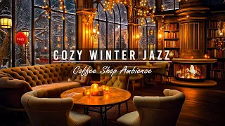 Forceful Winds, Snowfall at Cozy Winter Coffee Shop Ambience | Warm Jazz Music & Crackling Fireplace