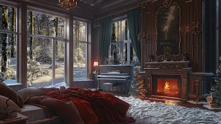 Calming Fireplace and Piano ASMR for Royal Bedroom Ambiance | Snowfall Ambiance | Relaxing Sleep Aid