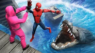 GTA 5 Water Ragdolls | SPIDERMAN and SQUID GAME Guard vs Alligator ep.2 (Flooded LS)