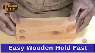 how to make beautifully handcrafted wooden hold fast from cherry and oak for your woodworking bench.