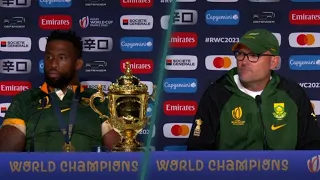 South Africa's Siya Kolisi and Jacques Nienaber speak after becoming back to back World Champions