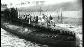 Sailors on German merchant submarine Deutschland as it departs from New London, C...HD Stock Footage