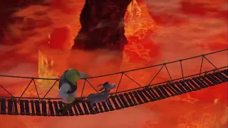 Shrek y burro cruzan el puente del castillo escena Latino