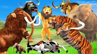 Giant Tiger Lion Attacks Cow Cartoon Buffalo Saved By Giant Bull, Woolly Mammoth Elephant