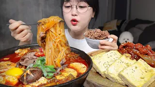 Spicy soft tofu stew with chewy noodles🍜Stir fried tofu kimchi Mukbang ASMR