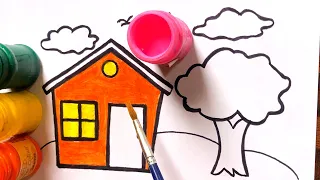 How to draw house drawing and painting colouring for kids||easy kids drawing