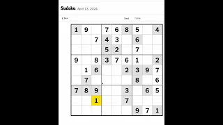 New York Times Sudoku Hard for April 13, 2024. Just me mumbling and solving