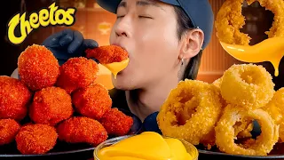 ASMR MUKBANG CHEESY HOT CHEETOS CHICKEN WINGS & ONION RINGS | COOKING & EATING SOUNDS
